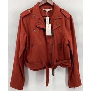 Anthropologie FRYE Cotton Moto Jacket Vita Cedar Burnt Red Brown Crop Size L NEW
